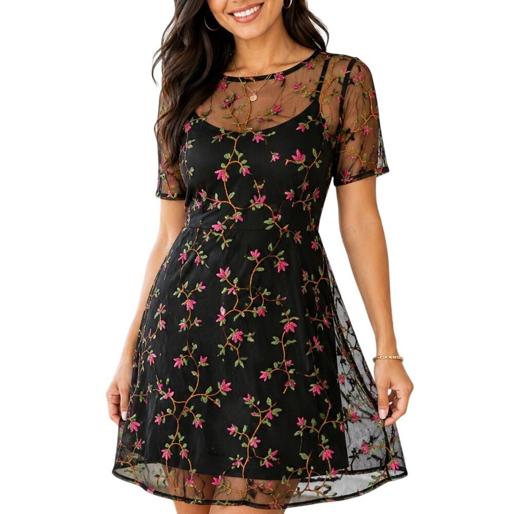 Forever 21 Black Pink Floral Embroidered Mesh Dress M
